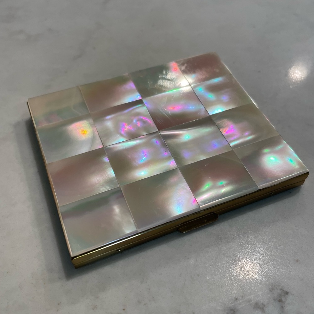 Vintage Marhill Mother of Pearl 1950s Compact Powder Case w/Puff - unused